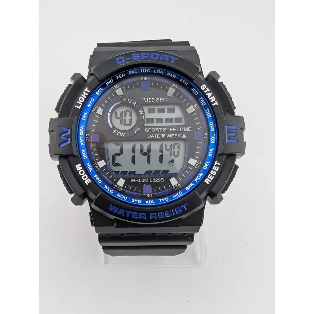 C-Sport Men's Digital Sport 56mm Case Black Resin Band Backlight- New Battery